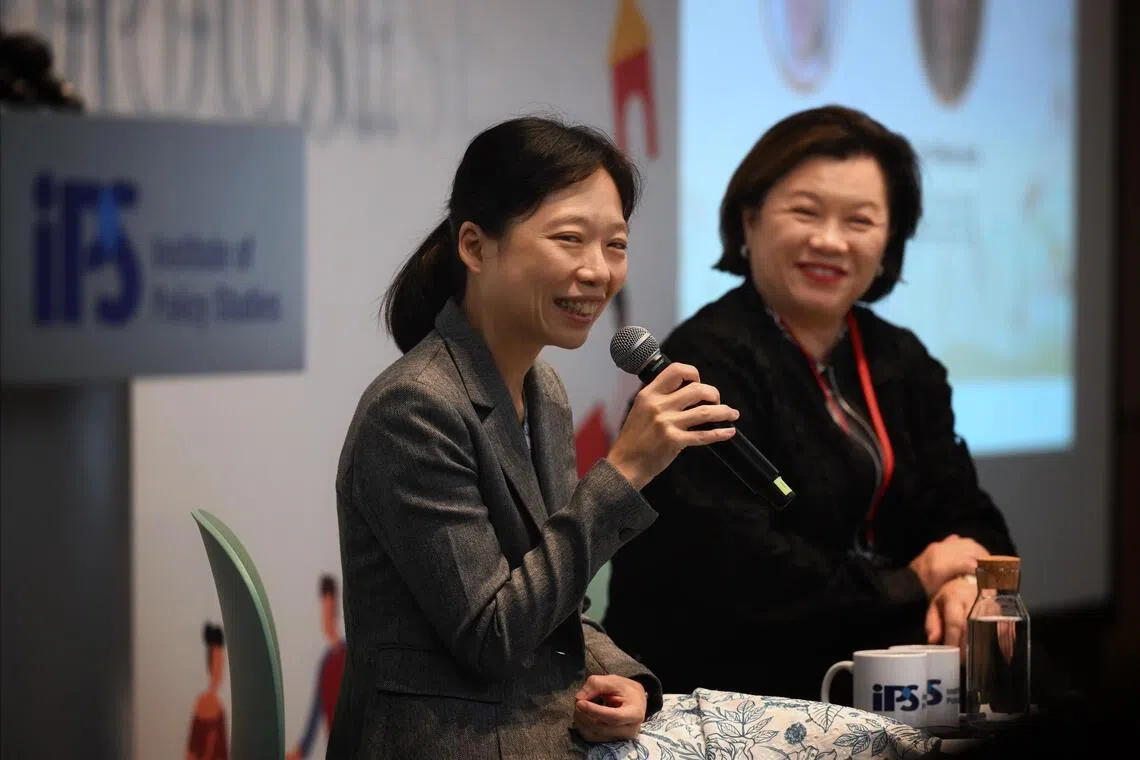 Acting Manpower Minister Jasmin Lau (left) and Institute of Policy Studies senior research fellow Gillian Koh during a dialogue session at the Young Singaporeans Conference at Temasek Shophouse on Oct 14.
