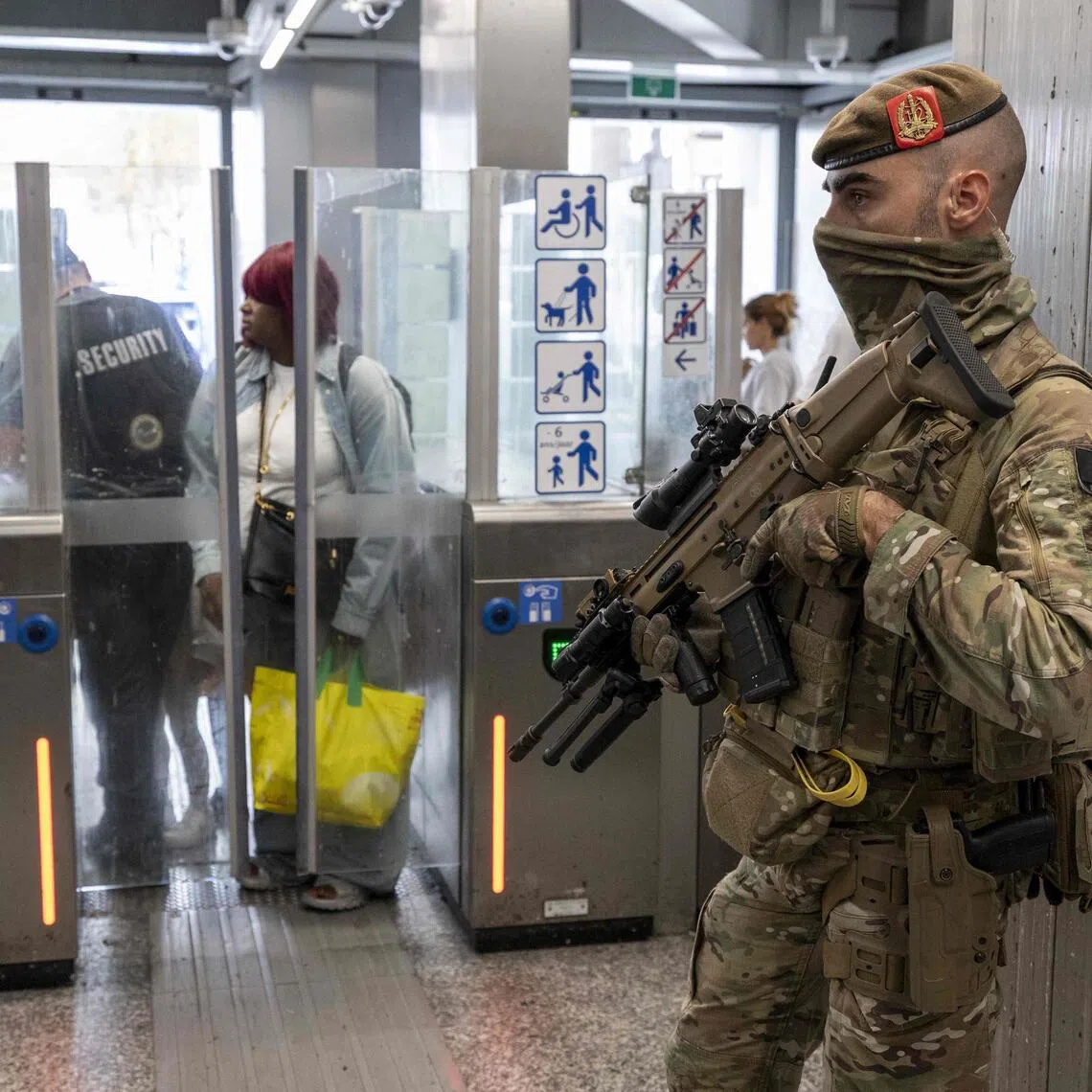 A Belgian serviceman taking part in a police operation against drug trafficking and organised crime in Brussels, on Aug 28.