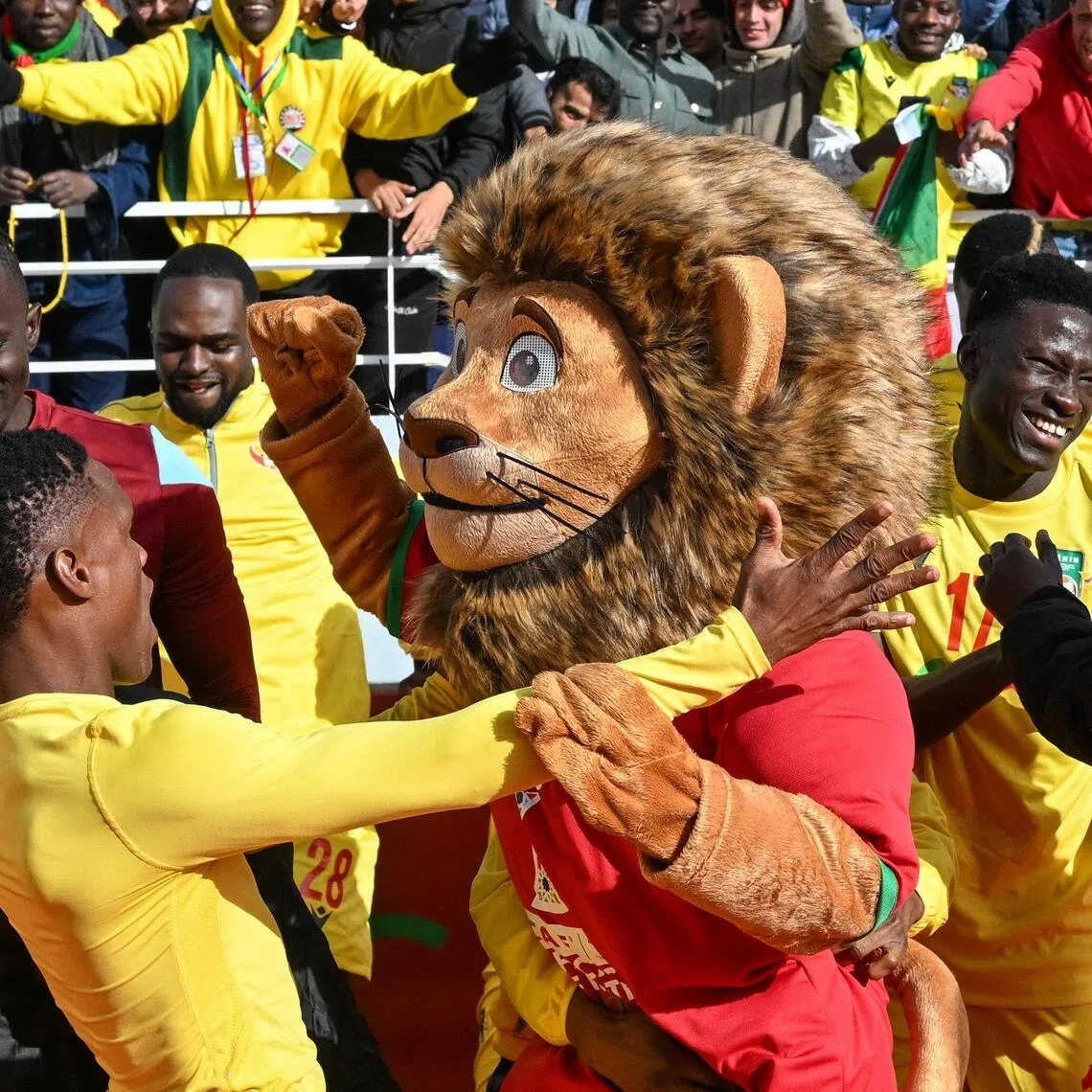 Benin's players celebrate with Assad, the Africa Cup of Nations official mascot, after a 1-0 win over Botswana in their Group D football match at Rabat Olympic Stadium on Dec 27, 2025.