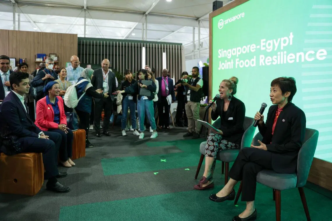 Minister for Sustainability and the Environment Grace Fu and Egypt’s Minister of Environment Yasmine Fouad at a panel discussion on how both countries are overcoming challenges to food resilience. 