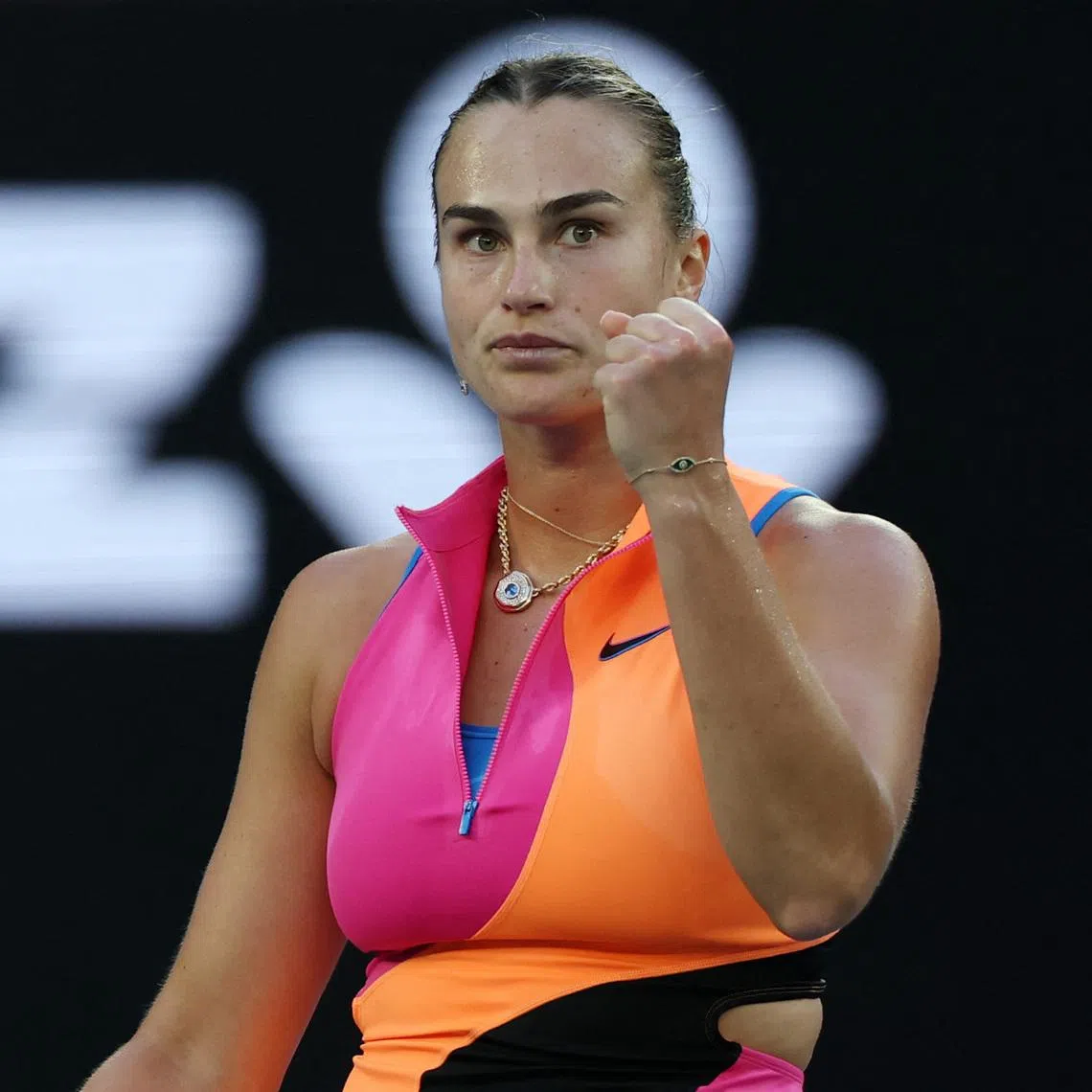 Tennis - Australian Open - Melbourne Park, Melbourne, Australia - January 18, 2026 Belarus' Aryna Sabalenka reacts during her first round match against France's Tiantsoa Rakotomanga Rajaonah REUTERS/Hollie Adams