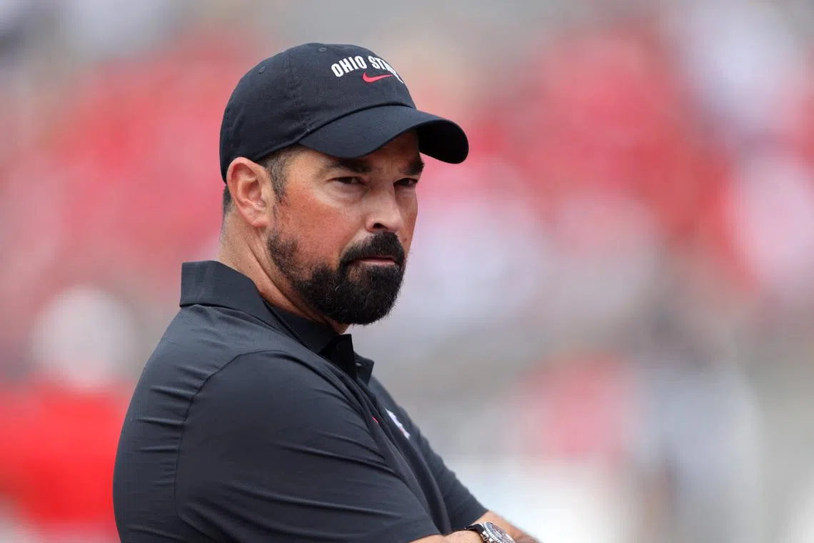 FILE PHOTO: Aug 31, 2024; Columbus, Ohio, USA; Ohio State Buckeyes head coach Ryan Day looks on before a game against the Akron Zips at Ohio Stadium. Mandatory Credit: Joseph Maiorana-USA TODAY Sports/File Photo