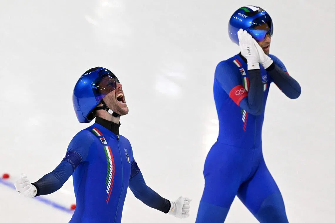 Speed skater Andrea Giovannini delivers ‘night-night’ celebration after Italy stun US for team pursuit glory