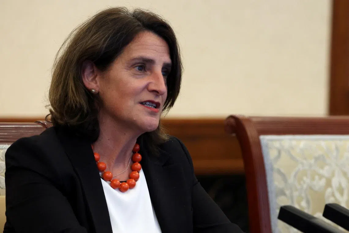 FILE PHOTO: European Commission Executive Vice-President for a Clean, Just and Competitive Transition Teresa Ribera attends a meeting with Chinese Vice Premier Ding Xuexiang (not pictured) at the Diaoyutai State Guesthouse in Beijing, China July 14, 2025. REUTERS/Florence Lo/Pool/ File Photo