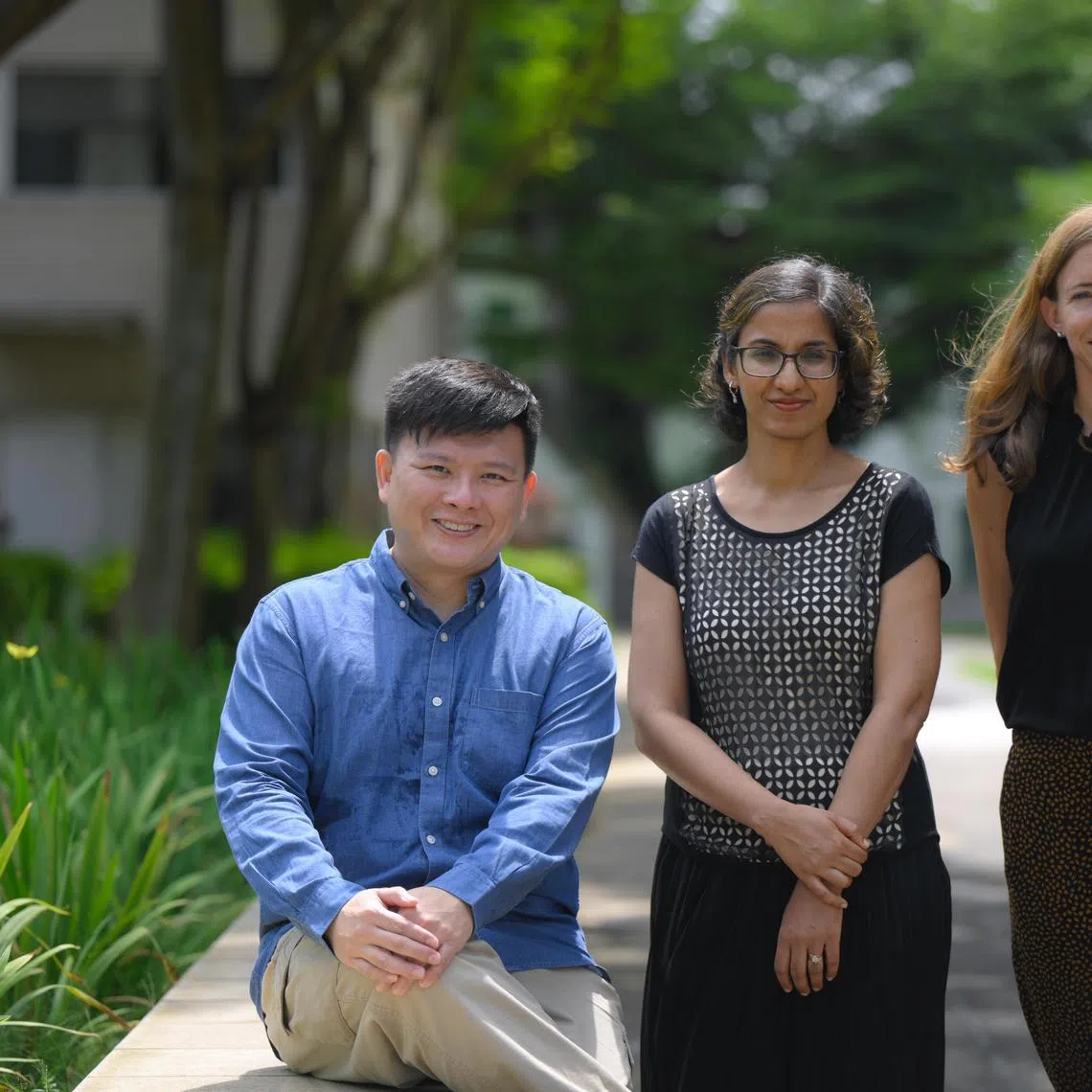 Assistant Professor Chetna Malhotra (centre) and Dr Ellie Bostwick Andres (right); researchers who were involved in the study “Caregiver-reported use of physical restraints among community-dwelling older adults with severe dementia in Singapore” and Daniel Lim, a caregiver whose late father had dementia, pictured on June 7, 2024.