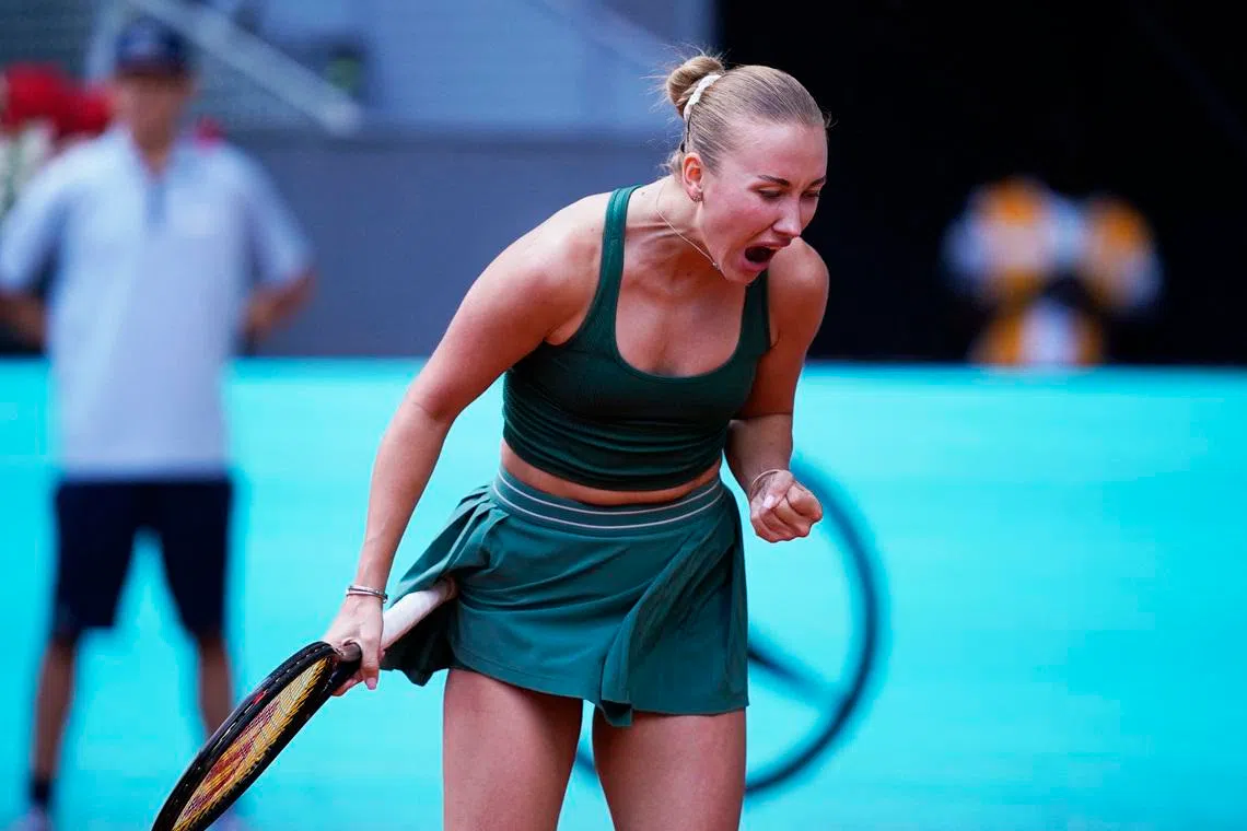 Tennis - Madrid Open - Park Manzanares, Madrid, Spain - April 29, 2026 Austria's Anastasia Potapova reacts during her quarter final match against Czech Republic's Karolina Pliskova REUTERS/Ana Beltran