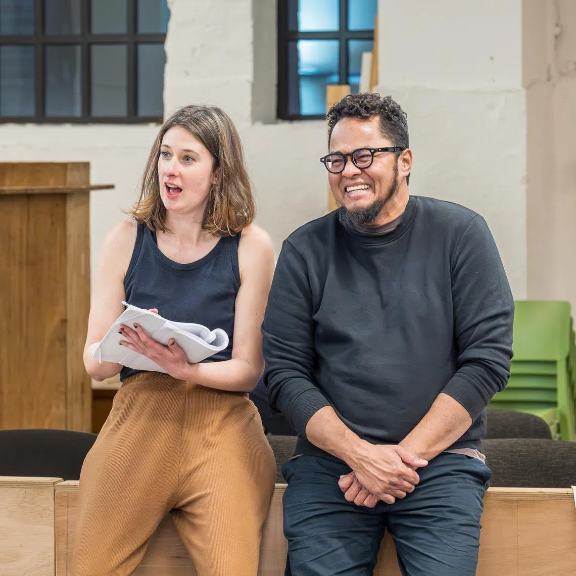 Faizal Abdullah (right) with castmate Sophie Steer during rehearsals for The Tempest.