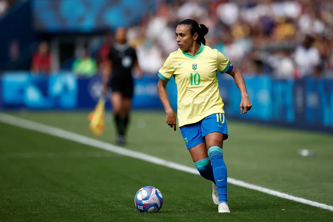 FILE PHOTO: Paris 2024 Olympics - Football - Women's Group C - Brazil vs Japan - Parc des Princes, Paris, France - July 28, 2024. Marta of Brazil in action. REUTERS/Benoit Tessier/File Photo