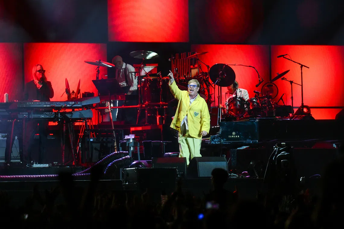 British pop icon Elton John performing at the Padang stage at the 2025 Formula One Singapore Airlines Singapore Grand Prix on Oct 5, 2025.