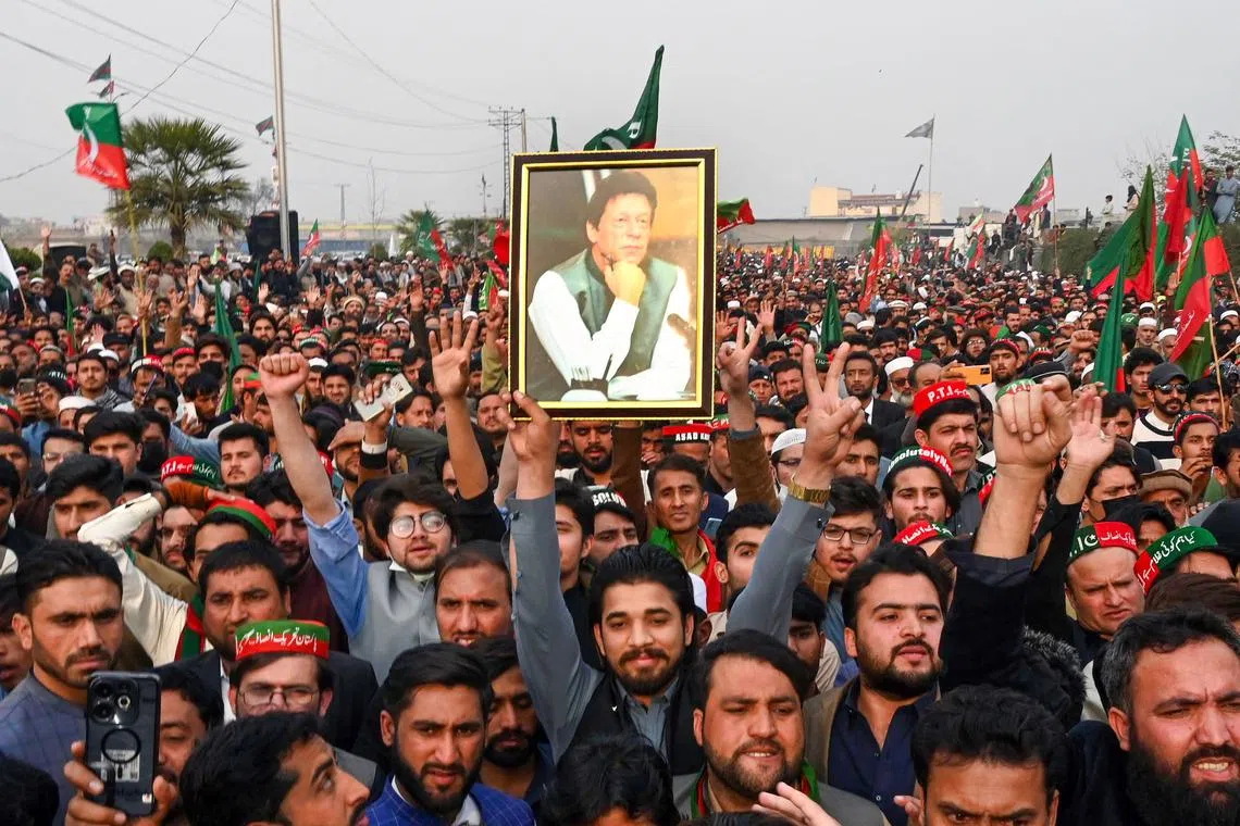 Supporters of jailed former PM Imran Khan protest against the alleged skewing in Pakistan's national election results, on Feb 17.