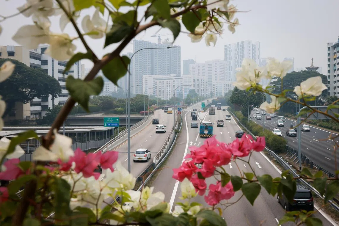 The city skyline is seen from a pedestrian overhead bridge in Toa Payoh on Oct 9, 2026.