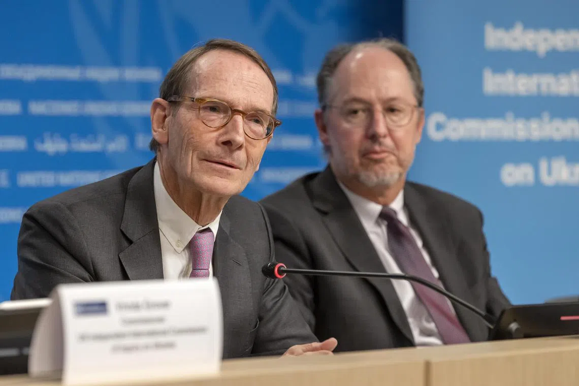 Mr Erik Mose (L), chairman of the Independent International Commission of Inquiry on Ukraine and Mr Pablo de Greiff (R), commissioner of the Independent International Commission of Inquiry on Ukraine, speak about the release of a comprehensive report by the UN Independent International Commission of Inquiry on Ukraine to the Human Rights Council on Monday.
