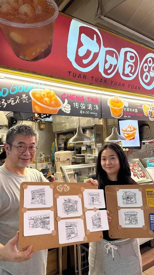 hkpatrick15 - Former interior designer turned hawker Patrick Tan has collaborated with his daughter to launch a series of postcards of drawings he has made of hawker stalls, including his own. 
ST PHOTO: HEDY KHOO