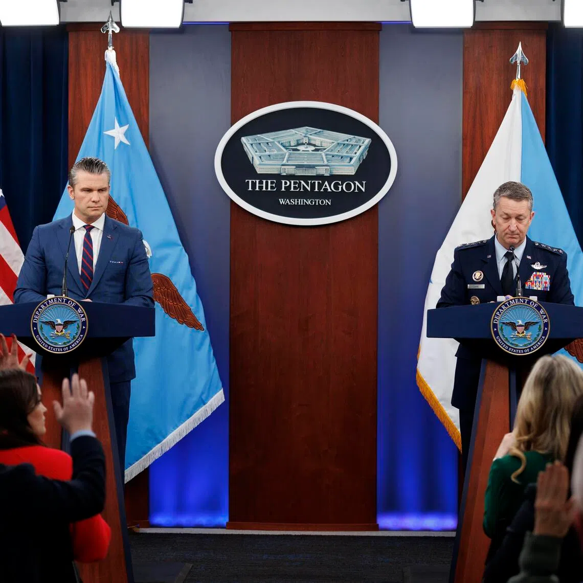 US Secretary of Defence Pete Hegseth (left) and Chairman of the Joint Chiefs of Staff Dan Caine delivering a press briefing at the Pentagon, on March 2.