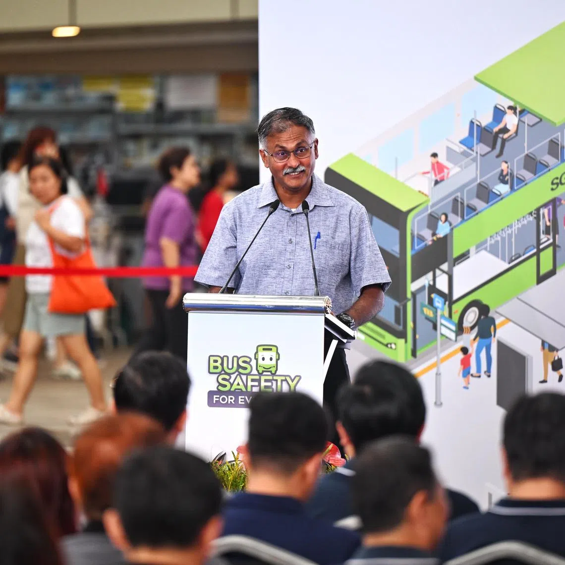 Mr Murali Pillai, Senior Minister of State for Transport, at the opening of the inaugural Bus Safety Roadshow at Toa Payoh HDB Hub Atrium on Aug 23, 2025. 

ST PHOTO: AZMI ATHNI