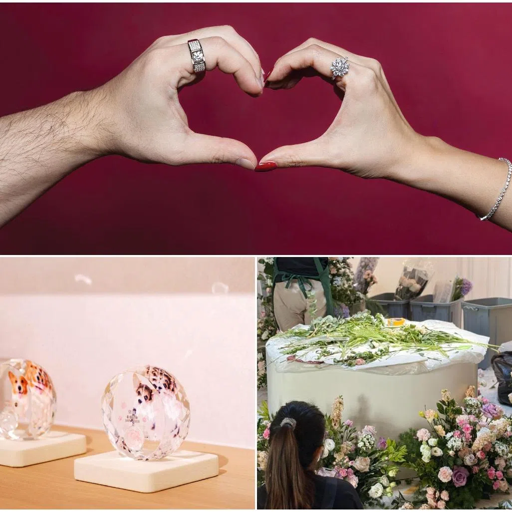 Pet owners can turn their pets' fur, bones or ashes into keepsake jewellery pieces. They can also hold a funeral in a memorial hall into a garden-inspired setting (bottom right).