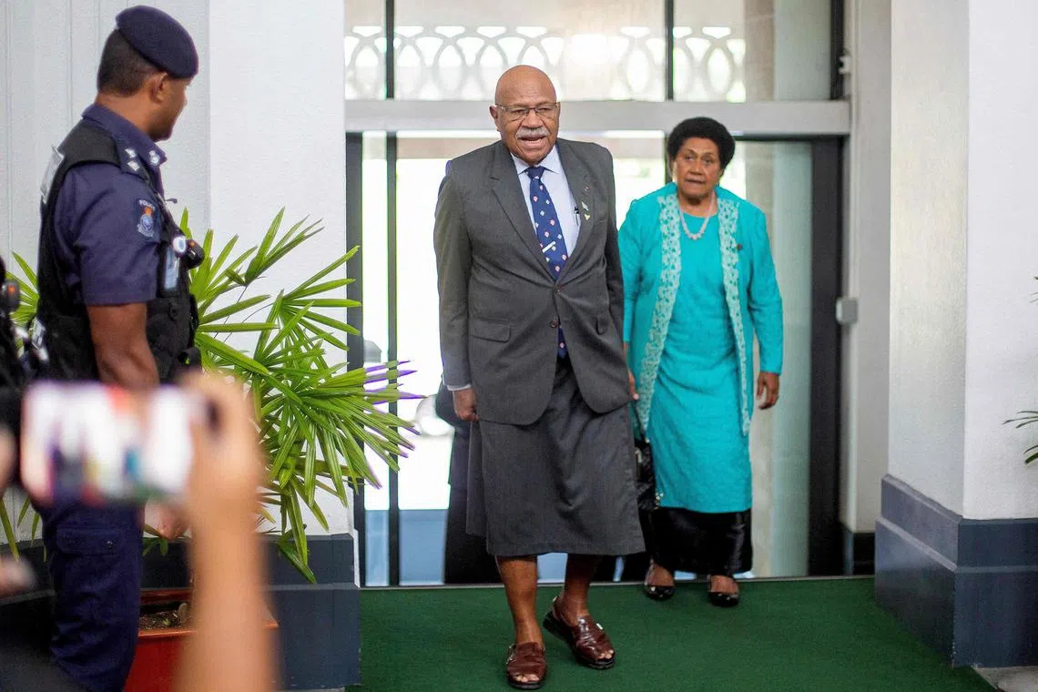 People's Alliance Party leader Sitiveni Rabuka arrives to attend the first sittings of the newly elected parliament in Fiji's capital city Suva on December 24, 2022. - Fiji's opposition on December 23 accused the government of sowing "fear and chaos" in a bid to stay in power, as the military deployed to the streets of the capital Suva. (Photo by Leon LORD / AFP)