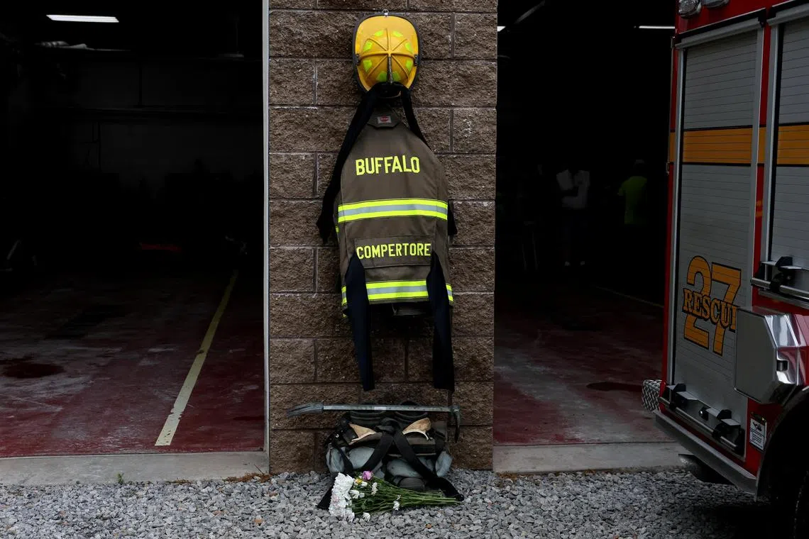 A memorial for volunteer firefighter Corey Comperatore is displayed at the Fire Company 27 in Buffalo Township, Pennsylvania.