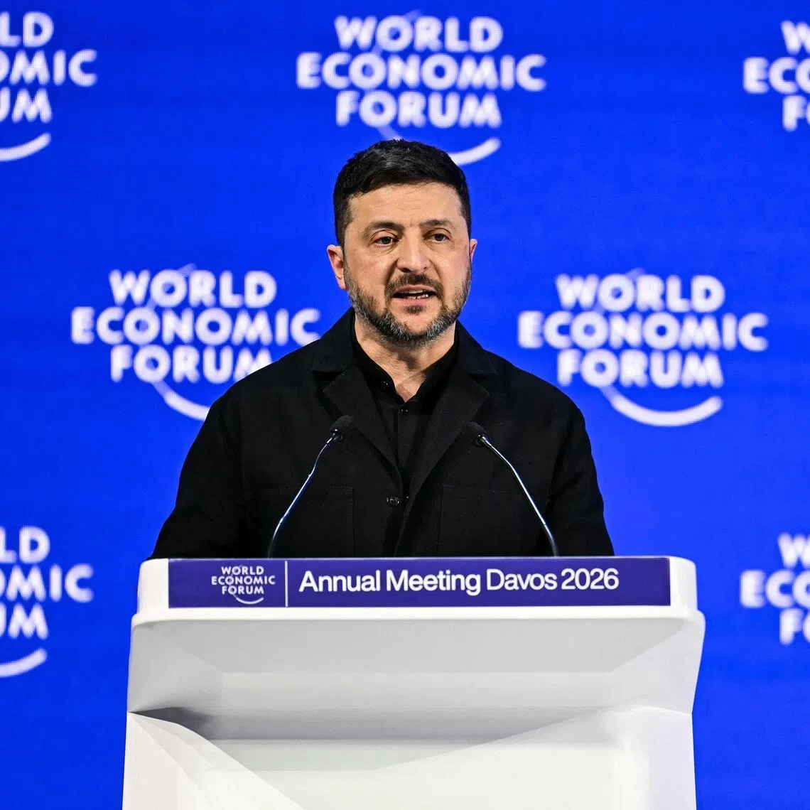 Ukrainian President Volodymyr Zelensky speaking at the World Economic Forum in Davos, Switzerland, on Jan 22.