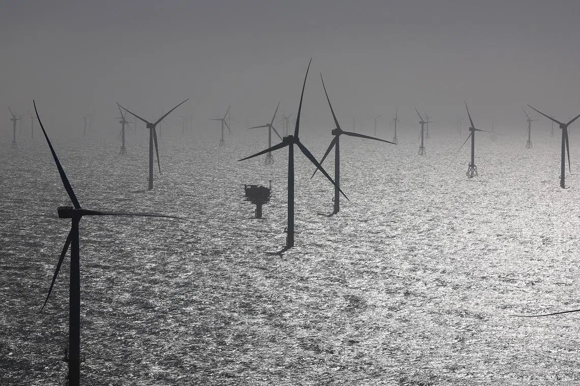 FILE PHOTO: Wind turbines are pictured at the RWE-Offshore-Windpark Kaskasi, north of Helgoland, Germany, March 23, 2023.    Christian Charisius/Pool via REUTERS/File Photo