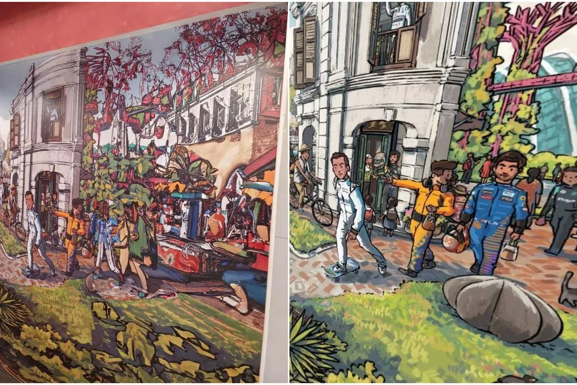 A portion of one mural (left) had distorted the faces of the people in the original illustration, while another with men in Formula 1 uniforms bore a resemblance to an illustration commissioned in 2020.