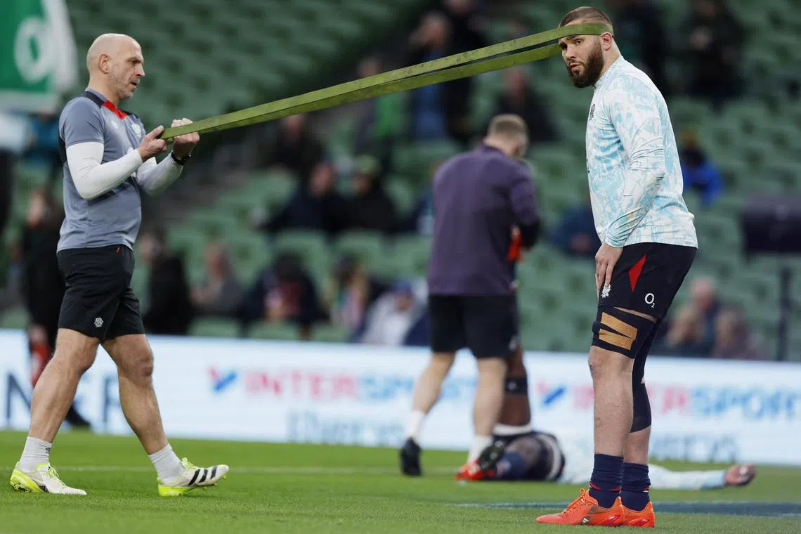 FILE PHOTO: Rugby Union - Six Nations Championship - Ireland v England - Aviva Stadium, Dublin, Ireland - February 1, 2025 England's George Martin during the warm up before the match REUTERS/Clodagh Kilcoyne/File Photo