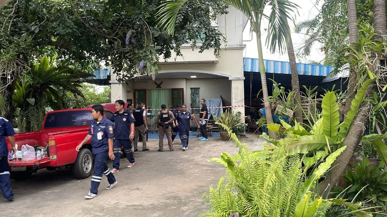 Thai authorities at the alleged shooter’s grandparents’ house, where he shot them before heading to school on Aug 7.