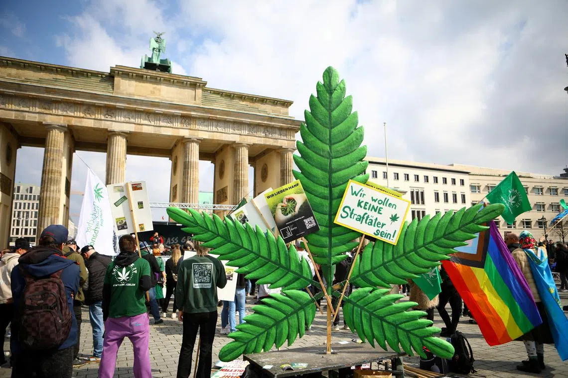 People meet for "World Stoner Day", a demonstration with joint smoke-in for the immediate decriminalisation of cannabis, in Berlin, Germany on April 20, 2023.