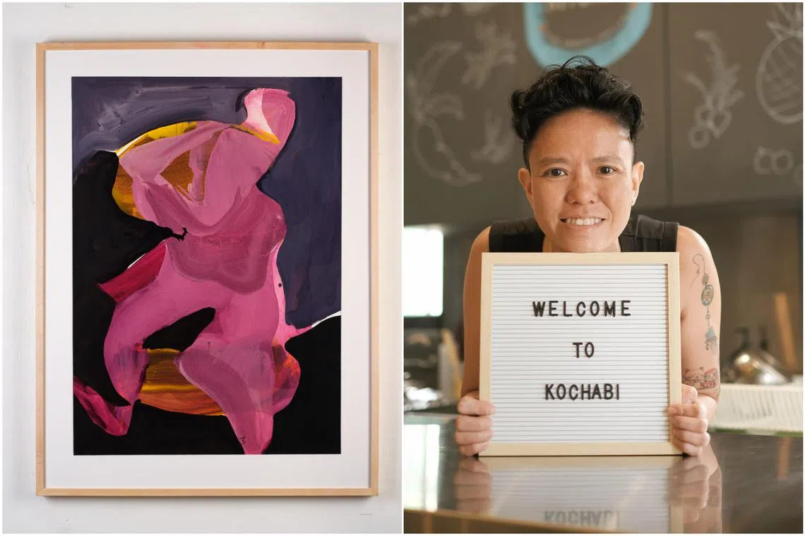 Wong Keen's The Nimble Elegance Of Pink, 2023, an acrylic on paper, and chef Michelle Lee, the latest chef-in-residence at The Theatre Practice’s Practice Tuckshop space.