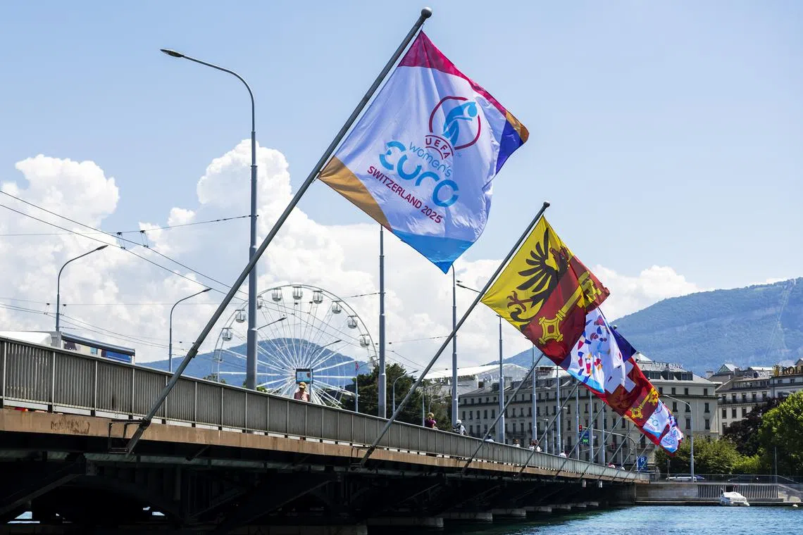 UEFA Women's Euro 2025 flag is displayed along with the Geneva and Swiss flags on the Pont du Mont-Blanc ahead of the UEFA Women's Euro 2025 tournament. The tournament will kick off on July 2.
