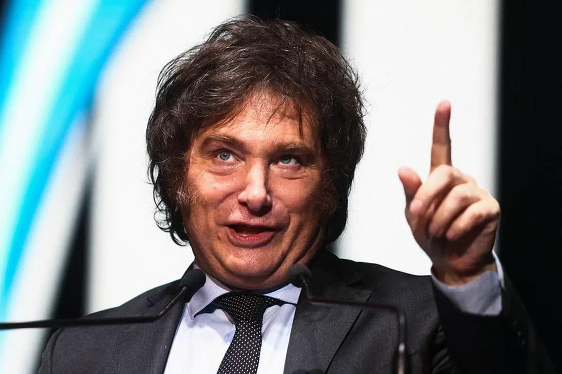 Argentine presidential candidate Javier Milei of La Libertad Avanza party speaks during the closing event of his electoral campaign ahead of the presidential election, in Buenos Aires, Argentina, October 18, 2023. REUTERS/Matias Baglietto/File Photo