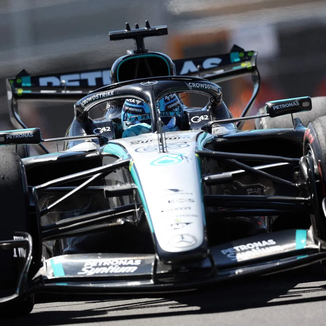 Mercedes’ George Russell driving on Sept 11 during the first practice session ahead of the Spanish Grand Prix.