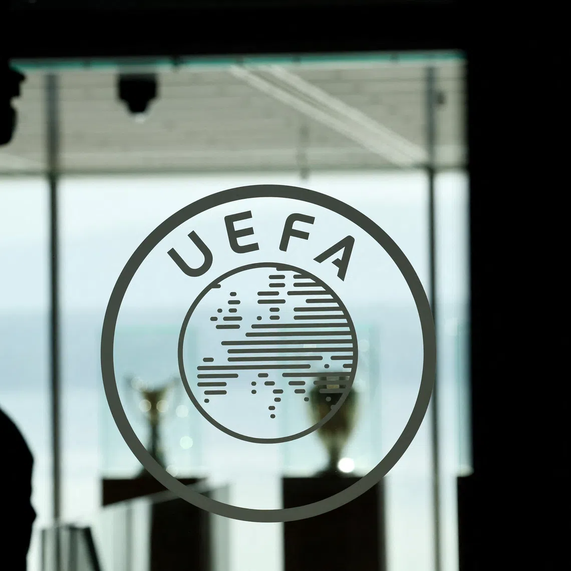 Soccer Football - Euro 2028 & Euro 2032 Hosts Announcement - Nyon, Switzerland - October 10, 2023 The UEFA logo is pictured at the headquarters ahead of the announcement REUTERS/Denis Balibouse