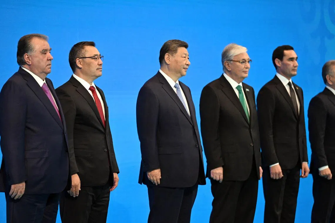 Tajik President Emomali Rahmon, Kyrgyz President Sadyr Japarov, Chinese President Xi Jinping, Kazakh President Kassym-Jomart Tokayev, Turkmen President Serdar Berdimuhamedov and Uzbek President Shavkat Mirziyoyev pose for a picture at the China - Central Asia Summit in Astana, Kazakhstan, June 17, 2025. Sultan Dosaliev/Kyrgyz Presidential Press Service/Handout via REUTERS