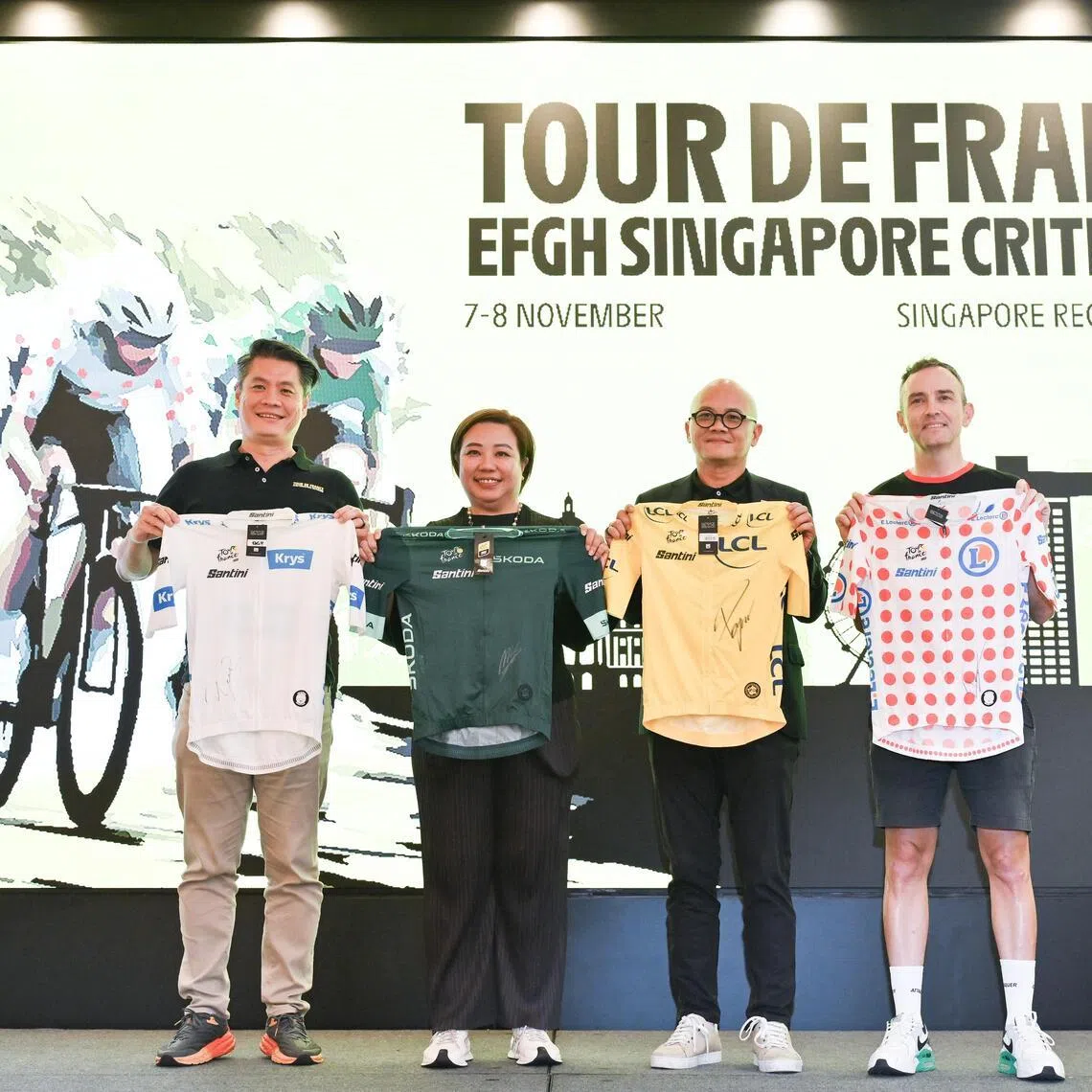(From left) Eugene Leow, EFGH group chief of global communications; Agnes Goh, managing director of Evoke Exp; Dennis Ng, EFGH executive chairman and Mark Chadwick, the Singapore Cycling Federation's national endurance coach at the launch of the 2026 Tour de France Singapore Criterium on May 18.