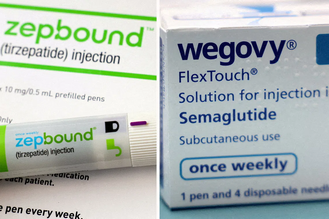 FILE PHOTO: A combination image shows an injection pen of Zepbound, Eli Lilly's weight loss drug, and boxes of Wegovy, made by Novo Nordisk. REUTERS/Hollie Adams/Brendan McDermid/Combination/File Photo