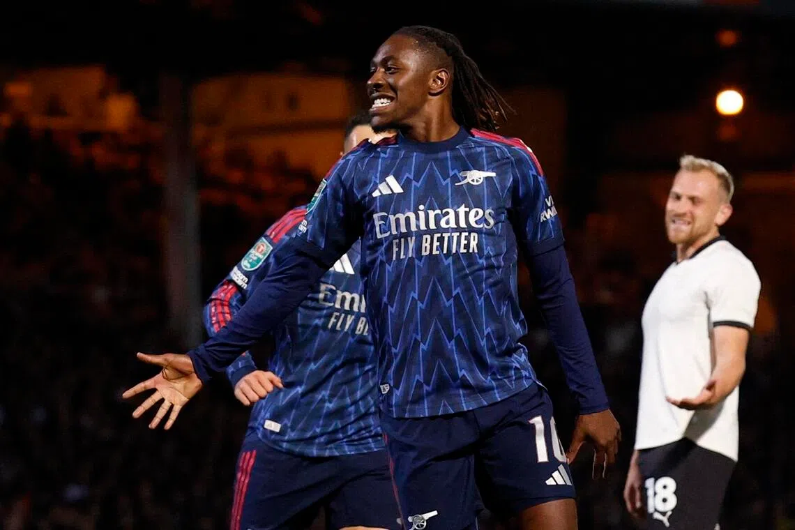 Arsenal's Eberechi Eze celebrates scoring their first goal.