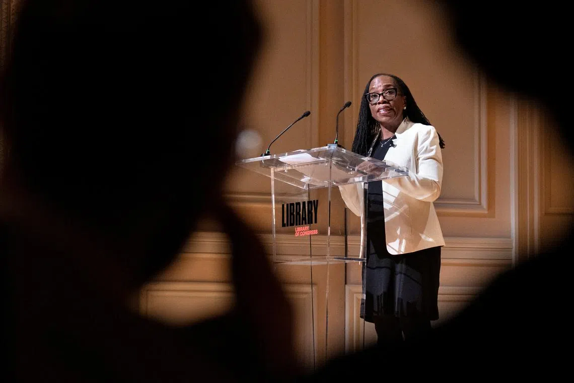FILE PHOTO: Supreme Court Justice Ketanji Brown Jackson speaks to the 2025 Supreme Court Fellows Program, Thursday, Feb. 13, 2025, at the Library of Congress in Washington, D.C., U.S. Jacquelyn Martin/Pool via REUTERS/File Photo