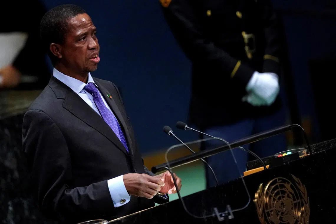 FILE PHOTO: Zambia's President Edgar Chagwa Lungu addresses the 74th session of the United Nations General Assembly at U.N. headquarters in New York City, New York, U.S., September 25, 2019. REUTERS/Carlo Allegri/File Photo