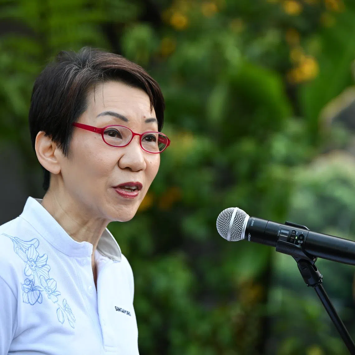 Minister for Sustainability and the Environment Grace Fu  speaking to the media on the sidelines of the official opening of Rainforest Wild Asia on March 12.