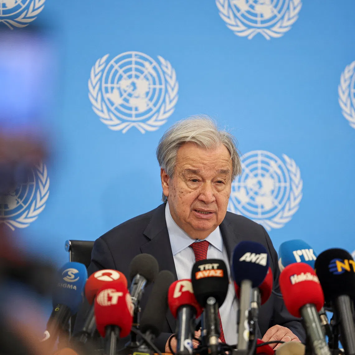 United Nations Secretary-General Antonio Guterres attends a press conference following a meeting with Cyprus President and Greek Cypriot leader Nikos Christodoulides and Turkish Cypriot leader Tufan Erhurman at a U.N. compound in the Nicosia airport area, inside the United Nations-controlled buffer zone in the divided capital of Nicosia, Cyprus, July 29, 2026. REUTERS/Yiannis Kourtoglou