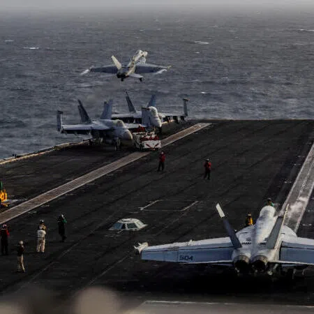 An F/A-18E Super Hornet launches from the flight deck of Nimitz-class aircraft carrier USS Abraham Lincoln during the ongoing conflict with Iran, on July 31, 2026.