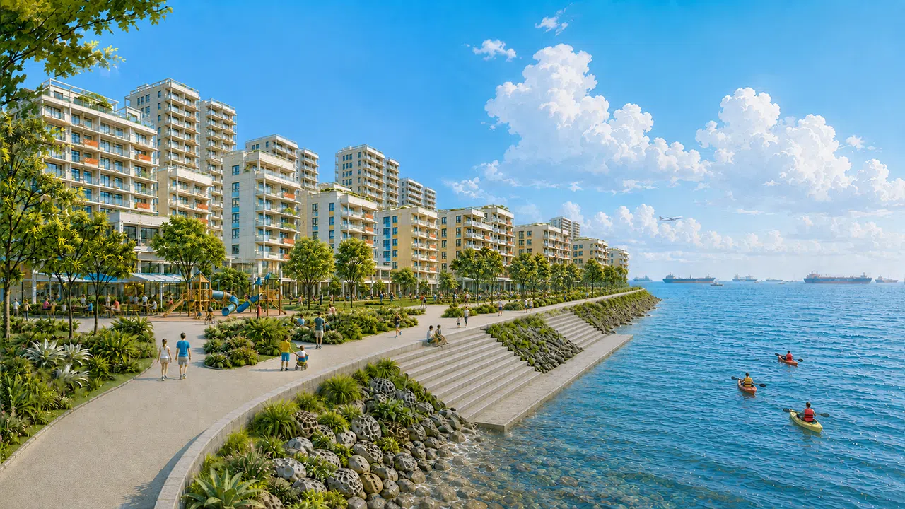 An artist’s impression of new waterfront homes on the Long Island.