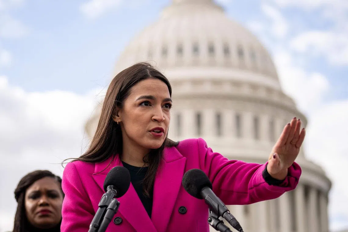 WASHINGTON, DC - JANUARY 26: Rep. Alexandria Ocasio-Cortez (D-NY) speaks during a news conference with Democratic lawmakers about the Biden administrations border politics, outside the U.S. Capitol on January 26, 2023 in Washington, DC. A group of 77 Democratic lawmakers sent a letter to President Joe Biden this week criticizing his administrations policies restricting asylum access for migrants crossing the southern border. Drew Angerer/Getty Images/AFP (Photo by Drew Angerer / GETTY IMAGES NORTH AMERICA / Getty Images via AFP)