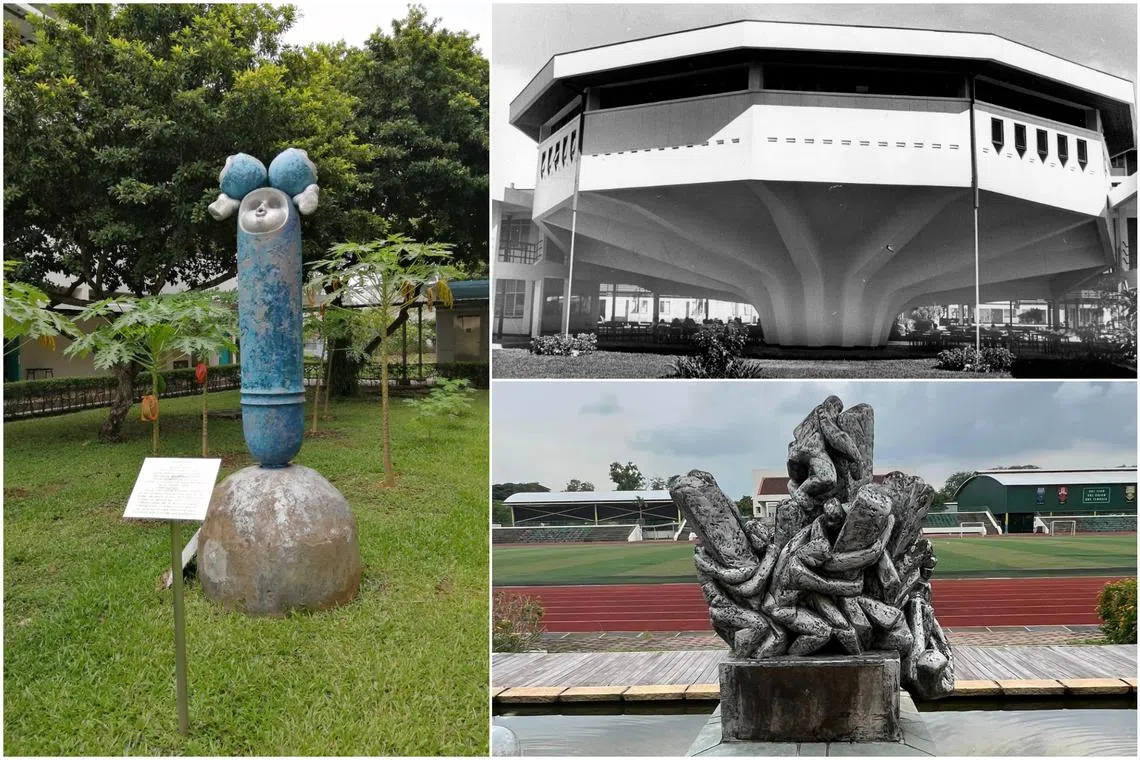 (Clockwise from top left) The Hands Full sculpture at the former Anderson JC campus, and one of two mushroom-shaped lecture theatres and the Pioneers Of Temasek sculpture at Temasek Junior College.