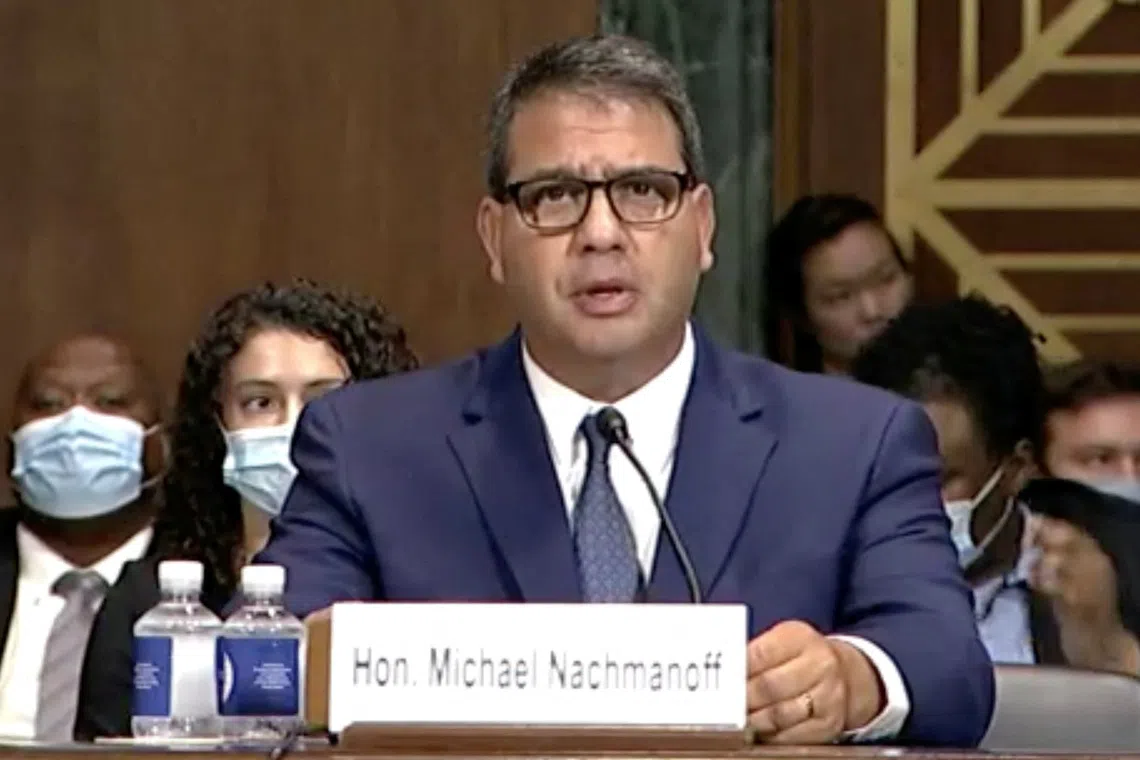 FILE PHOTO: U.S. District Judge Michael Nachmanoff testifies during a Senate Judiciary Committee nomination hearing on Capitol Hill in Washington, D.C., U.S., July 28, 2021 in this frame grab. U.S. Senate/Handout via REUTERS/ File Photo