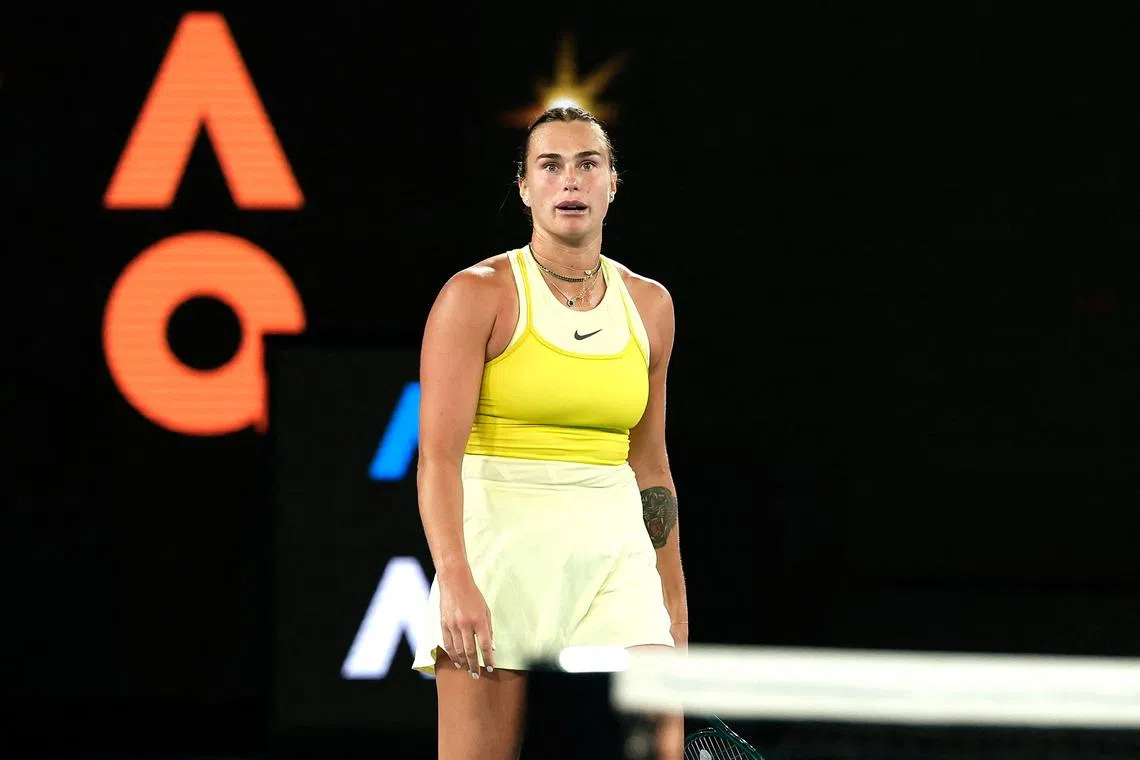 Belarus' Aryna Sabalenka reacting after losing against the United States' Madison Keys during their women's singles final match on day fourteen of the Australian Open tennis tournament in Melbourne on Jan 25, 2025. 