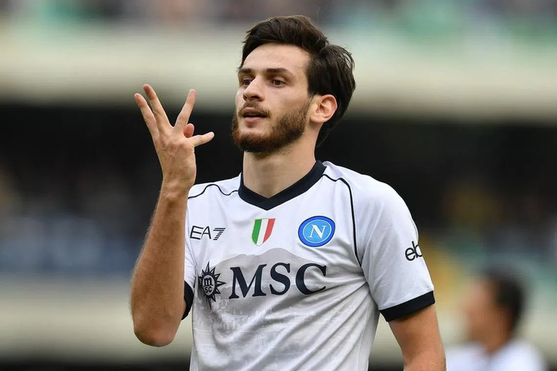 Soccer Football - Serie A - Hellas Verona v Napoli - Stadio Marc'Antonio Bentegodi, Verona, Italy - October 21, 2023 Napoli's Khvicha Kvaratskhelia celebrates scoring their third goal REUTERS/Jennifer Lorenzini