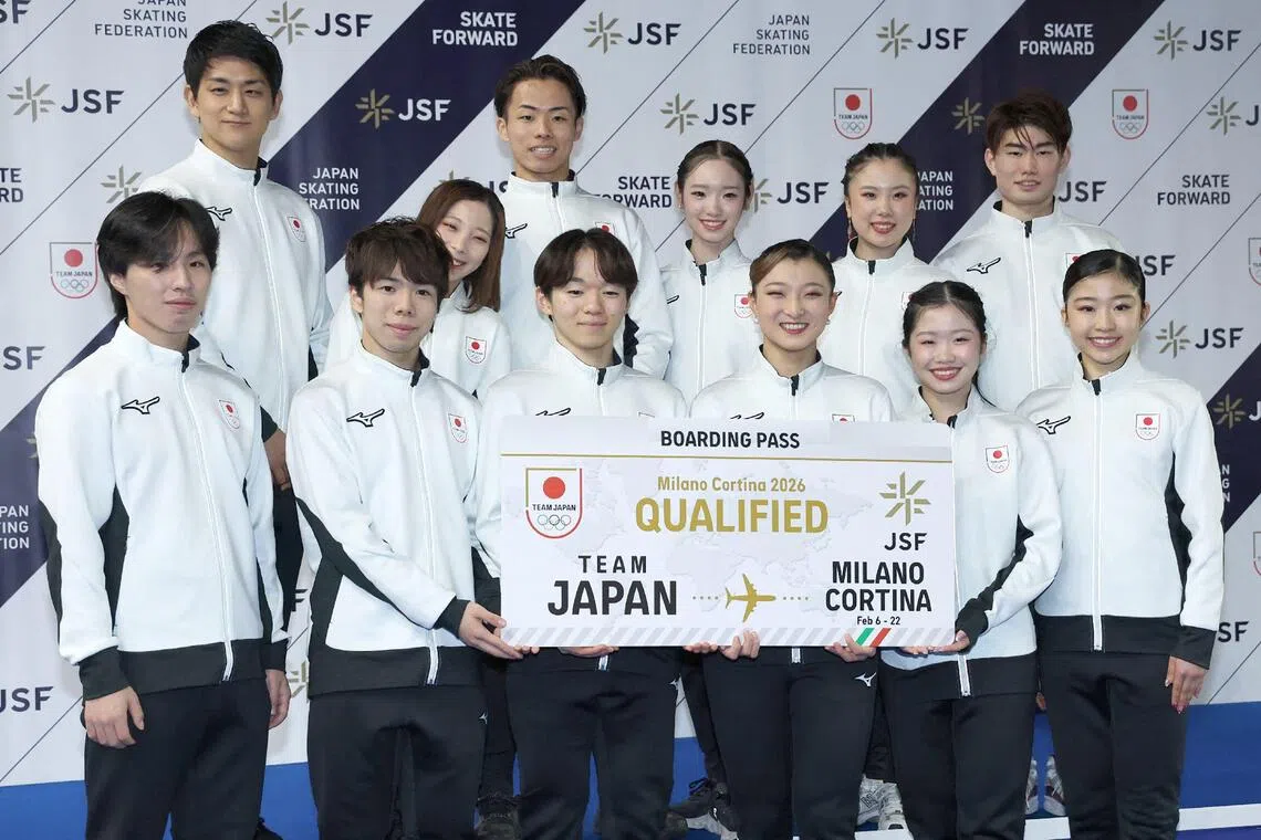 The Japanese team, who have been selected to represent their country at the Milan-Cortina Winter Olympics, pose for photos at a press conference after the figure skating national championships in Tokyo on Dec 21.