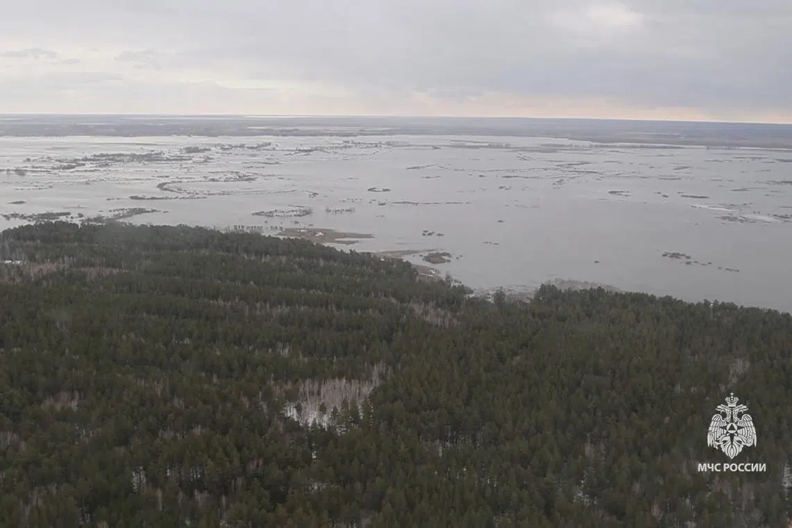 A view from a helicopter shows a flooded area in the Kurgan Region, Russia, in this still image taken from video released April 9, 2024. Russian Emergencies Ministry/Handout via REUTERS/ File Photo